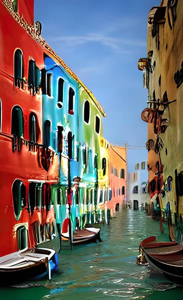 Beautiful Shot Small Gondolas River Buildings Venice Background Italy — Stock Vector