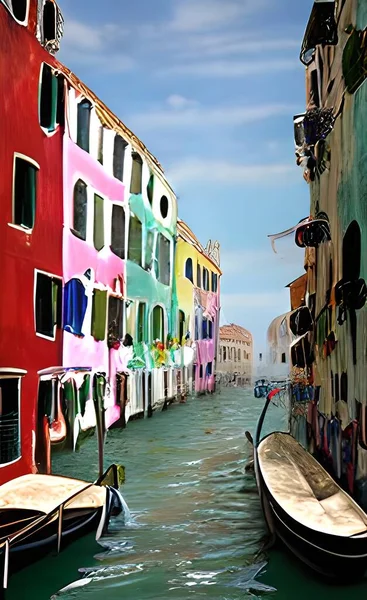 Beautiful Shot Small Gondolas River Buildings Venice Background Italy — Stock Vector