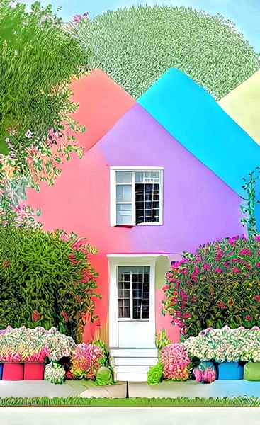 house and colorful flowers in the garden with pastel colors