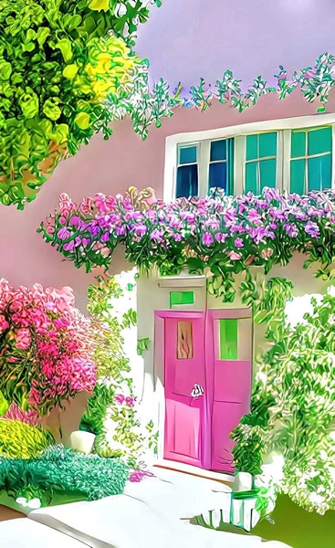 house and colorful flowers in the garden with pastel colors