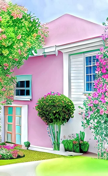 house and colorful flowers in the garden with pastel colors