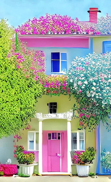 house and colorful flowers in the garden with pastel colors