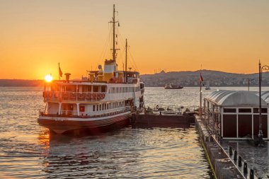 istanbul,Turkey.July 27,2022. The symbol of sea transportation in Istanbul. City lines ferry. The ferry at Eminonu pier early in the morning.