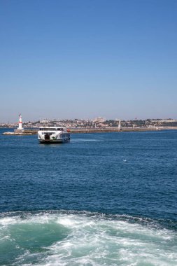 Bosporus,istanbul,Turkey.July 29,2022.The magnificent view of the Bosphorus with the city lines ferry, the symbol of sea transportation in Istanbul, in summer.