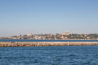 Bosporus,istanbul,Turkey.July 29,2022.The magnificent view of the Bosphorus with the city lines ferry, the symbol of sea transportation in Istanbul, in summer.