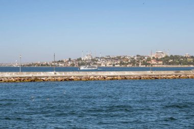 Bosporus,istanbul,Turkey.July 29,2022.The magnificent view of the Bosphorus with the city lines ferry, the symbol of sea transportation in Istanbul, in summer.