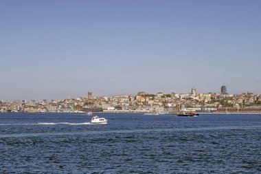 Bosporus,istanbul,Turkey.July 29,2022.The magnificent view of the Bosphorus with the city lines ferry, the symbol of sea transportation in Istanbul, in summer.