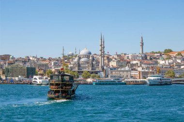 Bosporus,istanbul,Turkey.July 29,2022.The magnificent view of the Bosphorus with the city lines ferry, the symbol of sea transportation in Istanbul, in summer.