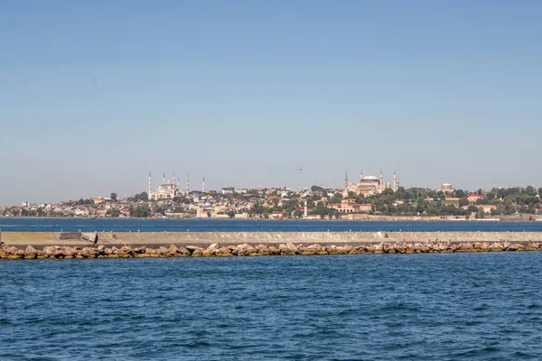 Bosporus,istanbul,Turkey.July 29,2022.The magnificent view of the Bosphorus with the city lines ferry, the symbol of sea transportation in Istanbul, in summer.