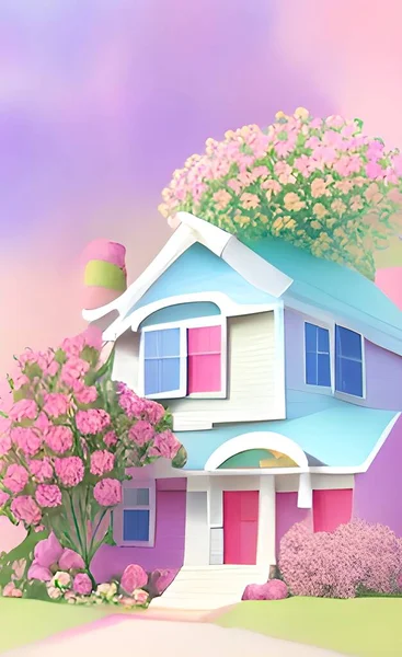 Pastel Color Colorful House Garden — Stock Vector