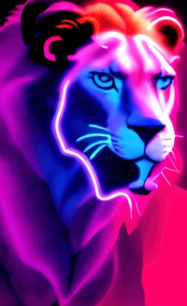 Head Lion Neon Light Colors — Vetor de Stock