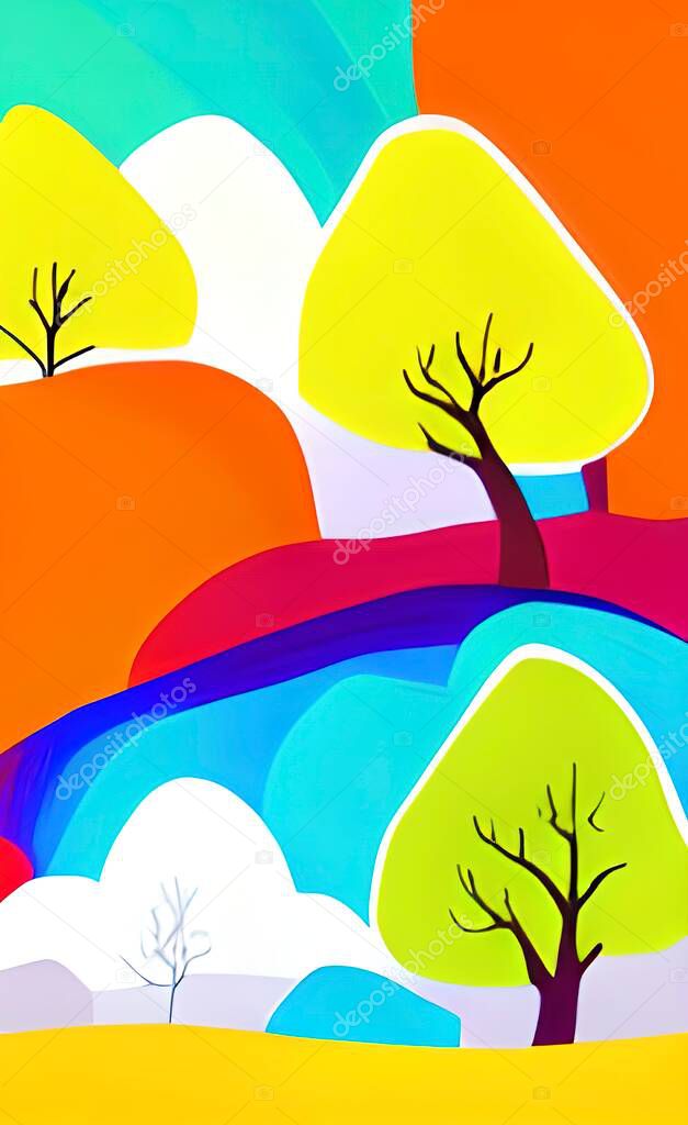 colorful landscape with trees and hills