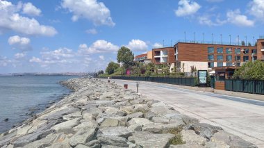 Florya,istanbul,Turkey.August 12,2022.Istanbul's seaside view from Florya beach with modern buildings, Hotels, walking paths and green areas