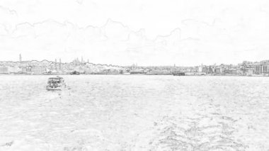 istanbul,Turkey.August 12,2022.Istanbul and Bosphorus view from the city lines ferry in summer with cartoon effects