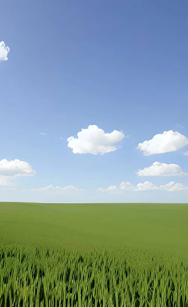 Grönt Fält Med Blå Himmel Och Moln — Stock vektor