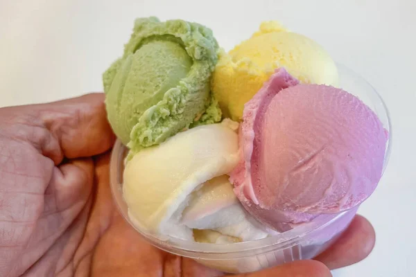 Fruity Ice Cream Balls Plastic Bowls Hand — Stockfoto