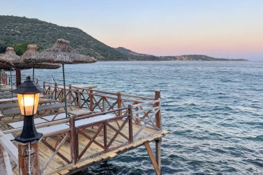Assos,Turkey.August 12,2022.Summer vacation and Aegean sea view from Assos, located across the island of Lesbos
