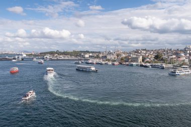 istanbul,Turkey.September 5,2022. Golden Horn and Istanbul view from Halic metro bridge on a partly cloudy and clear day.