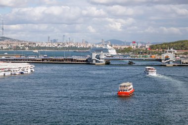 istanbul,Turkey.September 5,2022. Golden Horn and Istanbul view from Halic metro bridge on a partly cloudy and clear day.