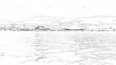 Türkiye, İstanbul. 19.2022 Eylül. İstanbul ve Boğaz sabah erken saatlerde çizgi film efektiyle görülüyor