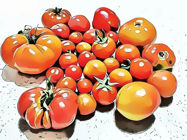 close-up large and small tomatoes with cartoon effect.