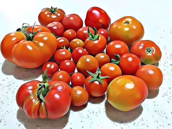 close-up large and small tomatoes with cartoon effect.