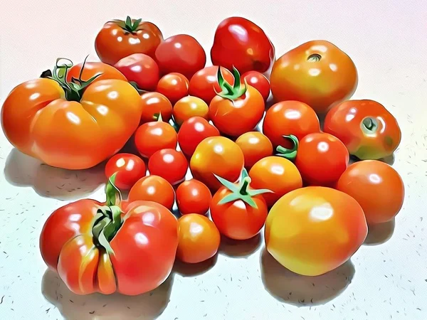 close-up large and small tomatoes with cartoon effect.