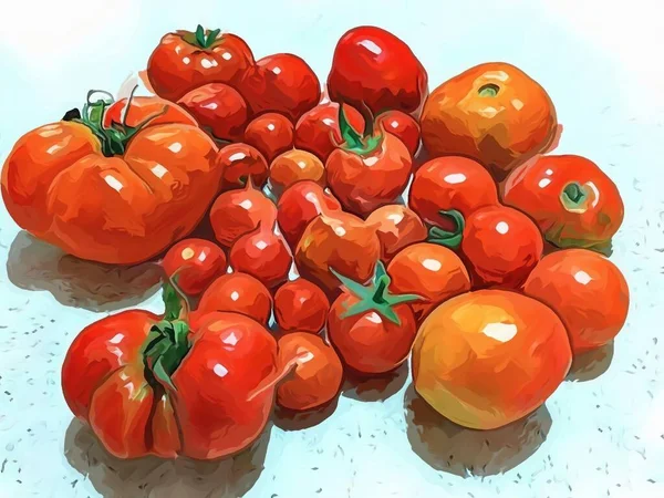 Close Tomates Grandes Pequenos Com Efeito Desenho Animado — Fotografia de Stock