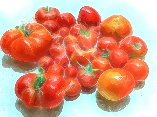 close-up large and small tomatoes with cartoon effect.