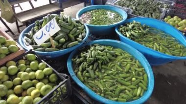 Turşu yapmak için küçük turşular ve karpuzlar marketin tezgahına dizilmişti.,