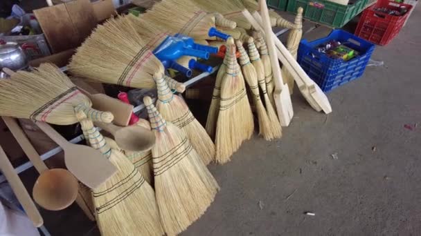 Wooden Spoons Grass Brooms Handmade Brooms Peddler Public Market — Stock Video