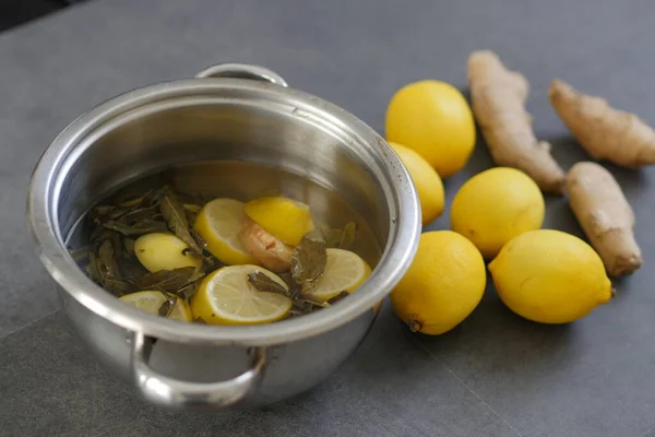 Lemon Mint Ginger Boiled Pot Mint Lemon Flu Cold — Stock Photo, Image