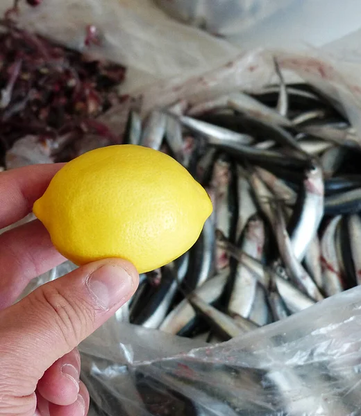 Jíst Mořské Plody Citronem Citronem Rybami — Stock fotografie