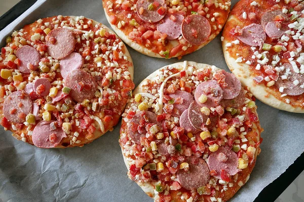 ready pizza, frozen pizza, ready-to-cook hot dog and cheese pizza,