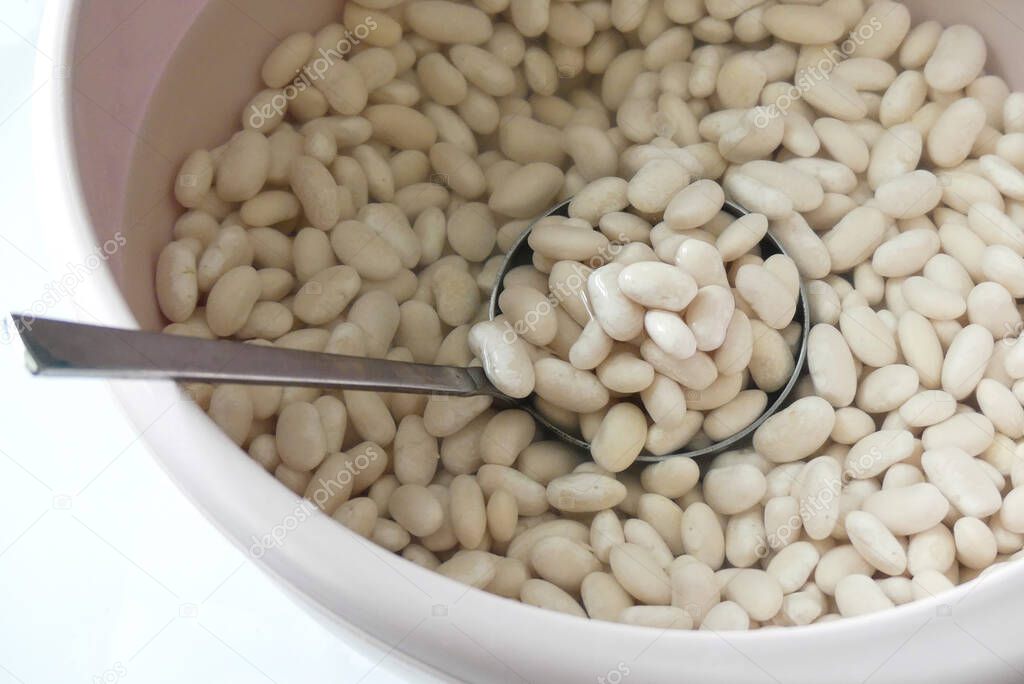 dried beans soaked in water, soaked beans ready to be cooked in water, beans soaked in a close-up bowl,