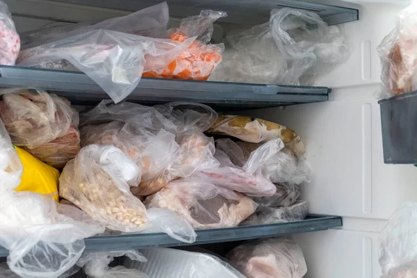 Frozen Foods Freezer Door Open Messy Deep Freezer — Stock Photo, Image