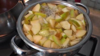 Elma kompostosu yapmak, elma parçalarını demlikte kaynatmak, ev yapımı elma suyu yapmak, taze doğranmış elma parçalarını tencerede kaynatmak, ev yapımı elma suyu yapmak.,