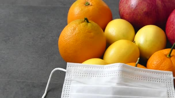 Fruit Consumption Coronavirus Disease Covid Surgical Mask Background Lemon Orange — Video Stock