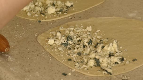 Fazendo Uma Torta Com Queijo Verde Mofado Uma Pessoa Fazendo — Vídeo de Stock