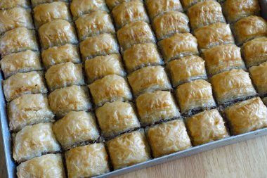 Fırın tepsisinde dilimlenmiş ünlü Türk baklavası, Gaziantep baklava,