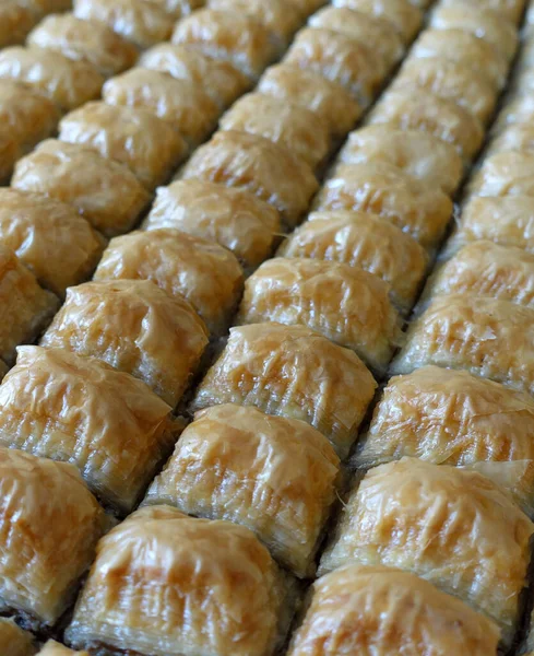 Fırın tepsisinde dilimlenmiş ünlü Türk baklavası, Gaziantep baklava,