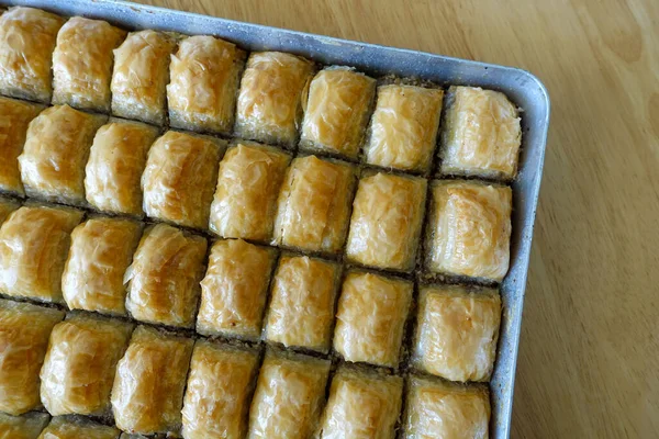 Célèbre Dessert Turc Baklava Tranché Dans Une Plaque Cuisson Gaziantep — Photo