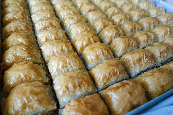 Fırın tepsisinde dilimlenmiş ünlü Türk baklavası, Gaziantep baklava,