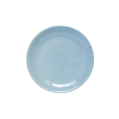 Beyaz arka planda mavi yuvarlak seramik plaka. Düz yatış, üst görünüm