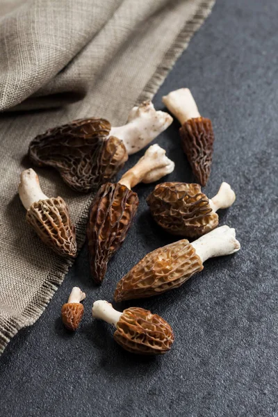 Morel mantarları siyah arkaplanda yakın plan.