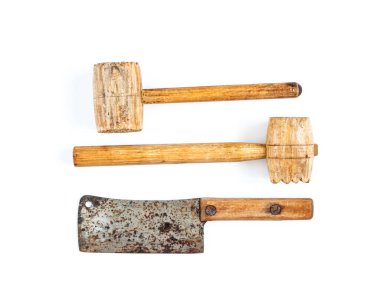 Old kitchen tools (meat hammer, knife and meat cleaver knife) isolated on white background