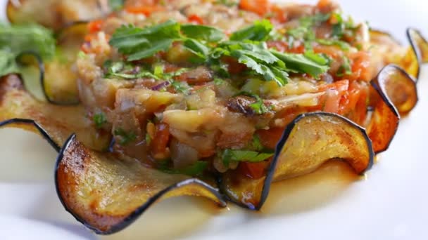Eggplant and fresh vegetables ratatouille — Stock Video