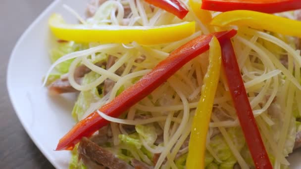 Bell pepper, meat and cheese salad — Stock Video