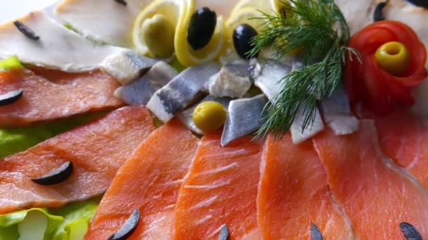 Tabakta deniz ürünleri - somon, ringa balığı ve balık filetosu. — Stok video
