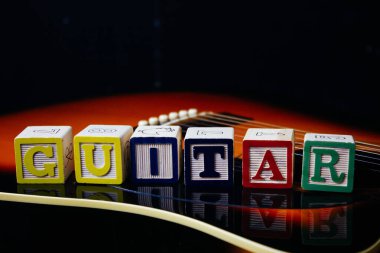 Gitarın üzerinde duran harf küplerinden yapılmış bir kelime ya da cümle..